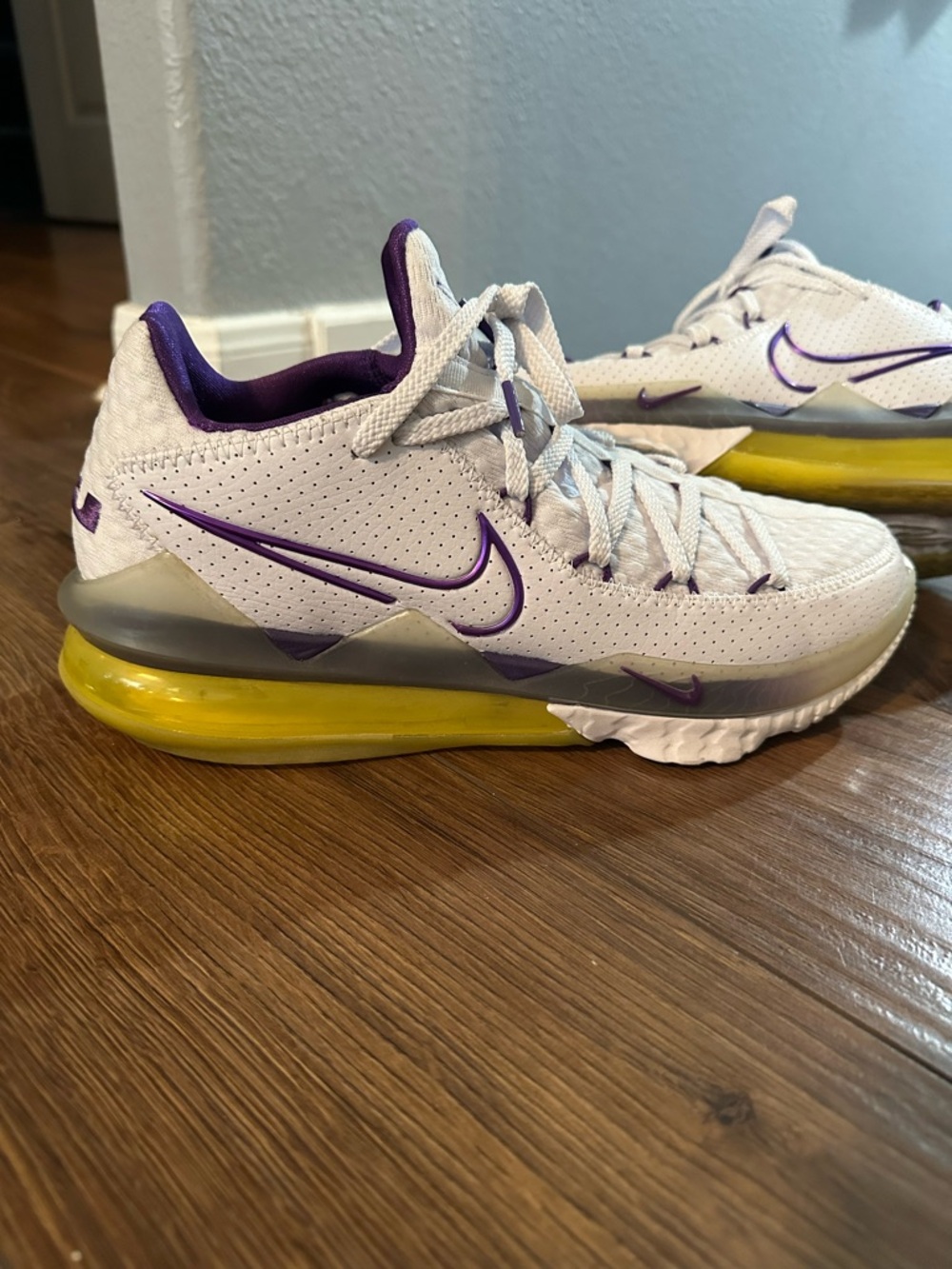 Nike men’s LeBron  Basketball Shoes - White with Purple and Yellow Accents